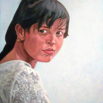Painting titled "Cutie looking back…" by Takuart, Original Artwork, Oil