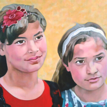 Schilderij getiteld "Sisters" door Takuart, Origineel Kunstwerk, Olie Gemonteerd op Frame voor houten brancard
