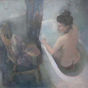 Painting titled "Nude seated it a ba…" by Tal Porat, Original Artwork, Oil