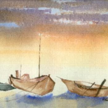 Painting titled "bateaux sur laplage" by Veronique Talent, Original Artwork