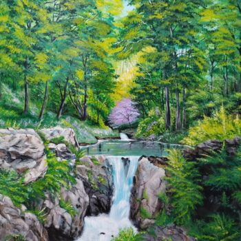 Картина под названием "By the waterfall" - Tali Segev, Подлинное произведение искусства, Акрил Установлен на Деревянная рама…