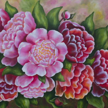 Painting titled "Peony Flowers" by Inna Esina, Original Artwork, Oil