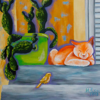 Картина под названием "Sleeping cat" - Инна Есина, Подлинное произведение искусства, Масло