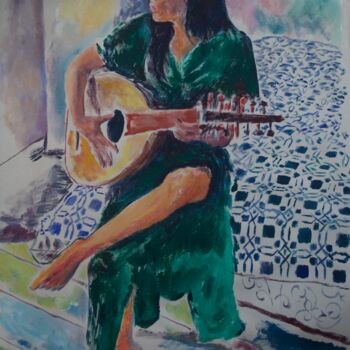 Painting titled "Woman playing the l…" by Tam Nightingale, Original Artwork, Acrylic