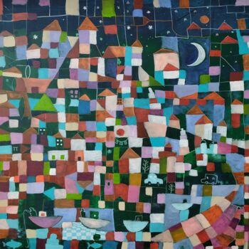 Schilderij getiteld "Peaceful village" door Tam Nightingale, Origineel Kunstwerk, Acryl Gemonteerd op Frame voor houten bran…
