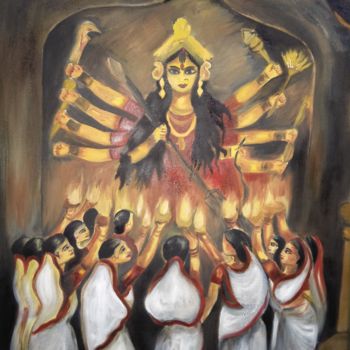 Painting titled "Durga Puja" by Tamalika Basu, Original Artwork, Oil