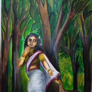 Painting titled "Sakuntala with her…" by Tamalika Basu, Original Artwork, Acrylic