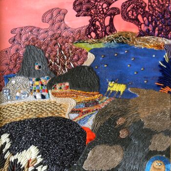 Textile Art titled "Желтая корова" by Tamara&Anna Semenenko, Original Artwork, Embroidery Mounted on Cardboard