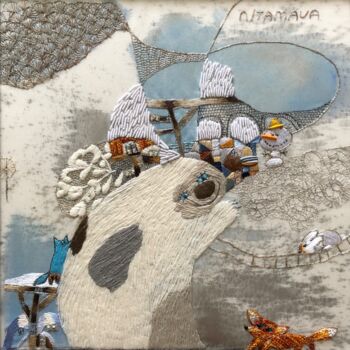 Arte textil titulada "Голубой кот" por Tamara&Anna Semenenko, Obra de arte original, Bordado Montado en Cartulina
