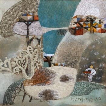Art textile intitulée "Зимние узоры" par Tamara&Anna Semenenko, Œuvre d'art originale, Broderie Monté sur Carton