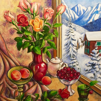Painting titled "Alpiner Fensterblick" by Tamara Michel, Original Artwork, Acrylic Mounted on Wood Stretcher frame