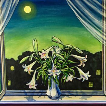 Schilderij getiteld "Lilien am Fensterbr…" door Tamara Michel, Origineel Kunstwerk, Acryl