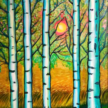 Malerei mit dem Titel "5 Birken" von Tamara Michel, Original-Kunstwerk, Öl Auf Keilrahmen aus Holz montiert