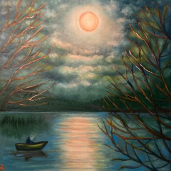 Malerei mit dem Titel "See bei Vollmond." von Tamara Michel, Original-Kunstwerk, Öl Auf Keilrahmen aus Holz montiert