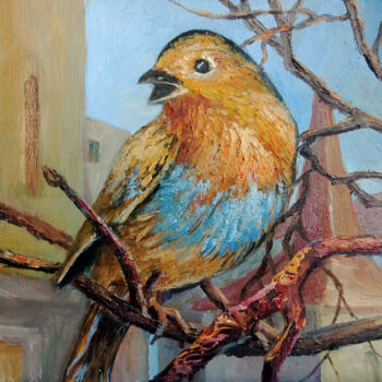 Painting titled "Robin on a branch" by Tamara Rozinskay, Original Artwork, Oil