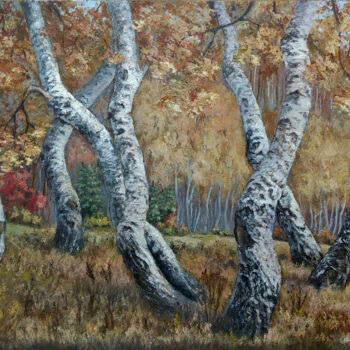 Painting titled "Dancing birches" by Tamara Rozinskay, Original Artwork, Oil Mounted on Wood Panel