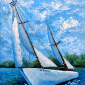 Painting titled "White sailboat" by Tamara Rozinskay, Original Artwork, Oil