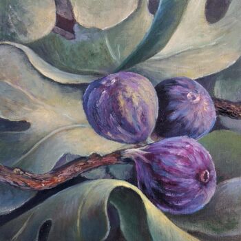 Painting titled "Blue figs" by Tamara Rozinskay, Original Artwork, Oil Mounted on Wood Panel
