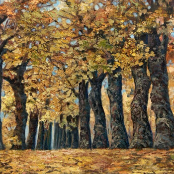 Malerei mit dem Titel "Autumn alley" von Tamara Rozinskay, Original-Kunstwerk, Öl Auf Karton montiert
