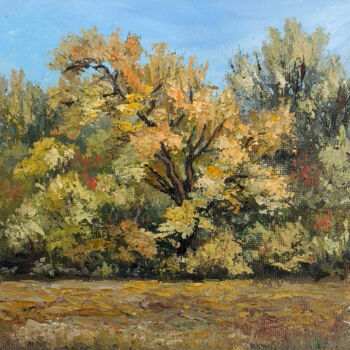 Painting titled "Gold of the forest.…" by Tamara Rozinskay, Original Artwork, Oil Mounted on Cardboard