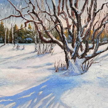 Schilderij getiteld "Snowy day WInter La…" door Tamara Rozinskay, Origineel Kunstwerk, Olie Gemonteerd op Karton
