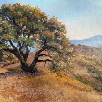 Painting titled "Attractive oak tree…" by Tamara Rozinskay, Original Artwork, Oil Mounted on Cardboard