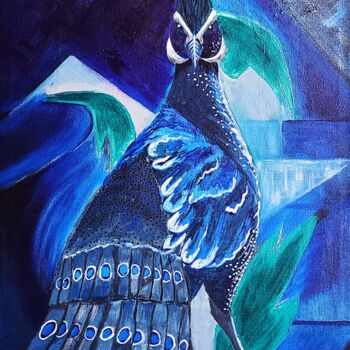 Painting titled "Faisão Azul" by Tamura Patricia Ruri, Original Artwork, Acrylic Mounted on Wood Stretcher frame
