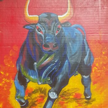 Schilderij getiteld "Красный бык" door Tanasheva Nikolaevna, Origineel Kunstwerk, Acryl
