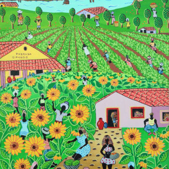 Schilderij getiteld "Fazenda Girassoís" door Tania Azevedo, Origineel Kunstwerk, Acryl