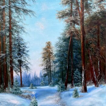 Painting titled "Winters Forest way" by Tanja Frost, Original Artwork, Oil Mounted on Wood Stretcher frame