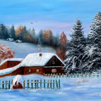 Painting titled "Magic winters holid…" by Tanja Frost, Original Artwork, Oil Mounted on Wood Stretcher frame
