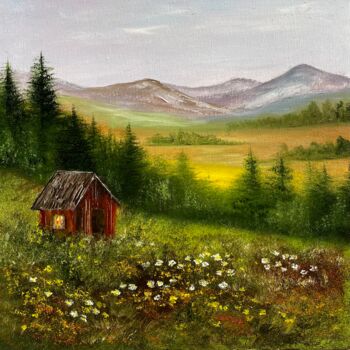 Painting titled "Spring landscape" by Tanja Frost, Original Artwork, Oil Mounted on Wood Stretcher frame