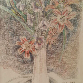 Рисунок под названием "Bouquet with lilies…" - Tanya Dolya, Подлинное произведение искусства, Карандаш Установлен на Деревян…