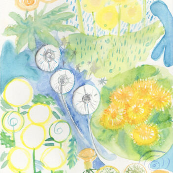 Картина под названием "Dandelions sun yell…" - Tanya Dolya, Подлинное произведение искусства, Акварель