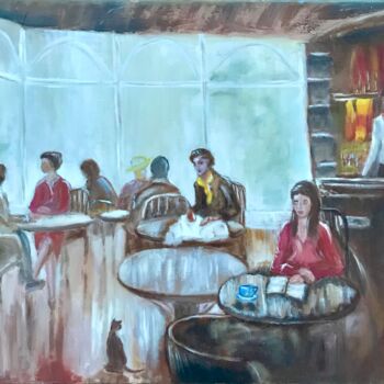 Painting titled "Meeting in a cafe" by Tanya Dulac, Original Artwork, Oil Mounted on Wood Stretcher frame