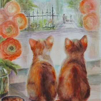 Картина под названием "Two cats" - Tanya Kutsenko, Подлинное произведение искусства, Акварель