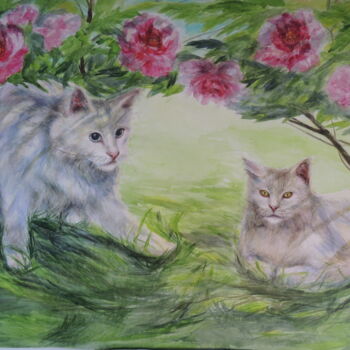 Картина под названием "Cats in the garden" - Tanya Kutsenko, Подлинное произведение искусства, Акварель
