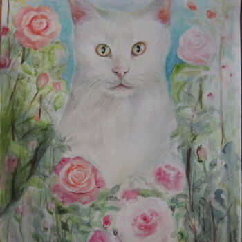 Pintura titulada "White cat and roses" por Tanya Kutsenko, Obra de arte original, Acuarela
