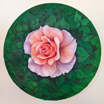 Painting titled "Pink rose on a gree…" by Tanya Shark, Original Artwork, Oil