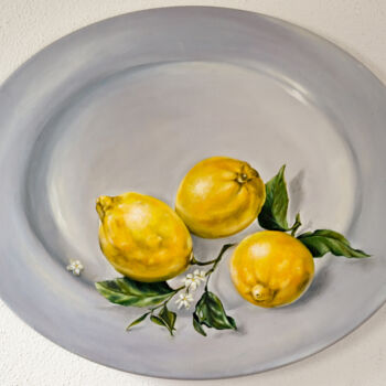 Pintura intitulada "Lemons on a plate" por Tanya Shark, Obras de arte originais, Óleo