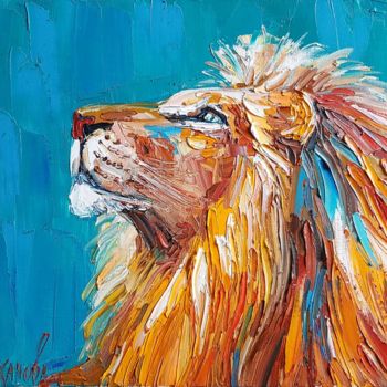 Картина под названием "Лев на голубом" - Татьяна Шиханова, Подлинное произведение искусства, Масло Установлен на Деревянная…