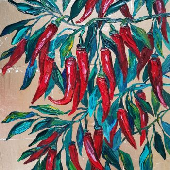Peinture intitulée "Красные перцы на зо…" par Tatiana Shikhanova, Œuvre d'art originale, Huile Monté sur Châssis en bois