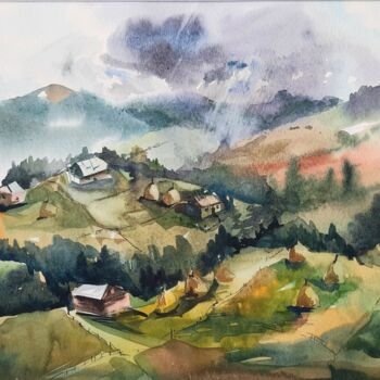 Painting titled "Mountains and fields" by Tanya Yavorska, Original Artwork, Watercolor Mounted on Other rigid panel