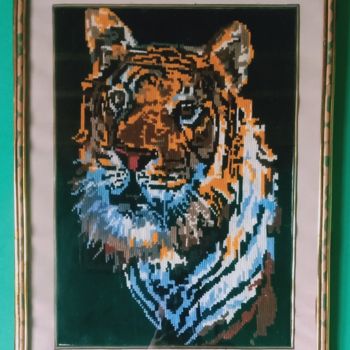 Painting titled "Tiger painting by h…" by Tariq Aziz, Original Artwork, Embroidery