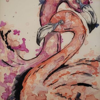 Painting titled "Flamingos" by Tarsila Ximenes, Original Artwork, Watercolor