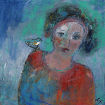 Painting titled "Femme et l'oiseau-T…" by Alix Tassart, Original Artwork, Oil