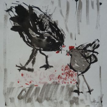 Pintura intitulada "Poules 2-encre-de-c…" por Alix Tassart, Obras de arte originais, Tinta