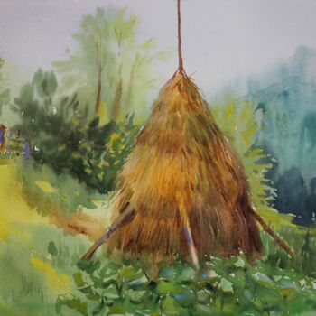 Painting titled "Haystack" by Tatiana Gliadchenko, Original Artwork, Watercolor