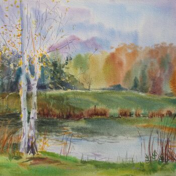 Painting titled "Birches on the lake" by Tatiana Gliadchenko, Original Artwork, Watercolor