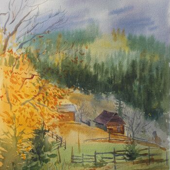 Malarstwo zatytułowany „Autumn in the yard” autorstwa Татьяна Глядченко, Oryginalna praca, Akwarela